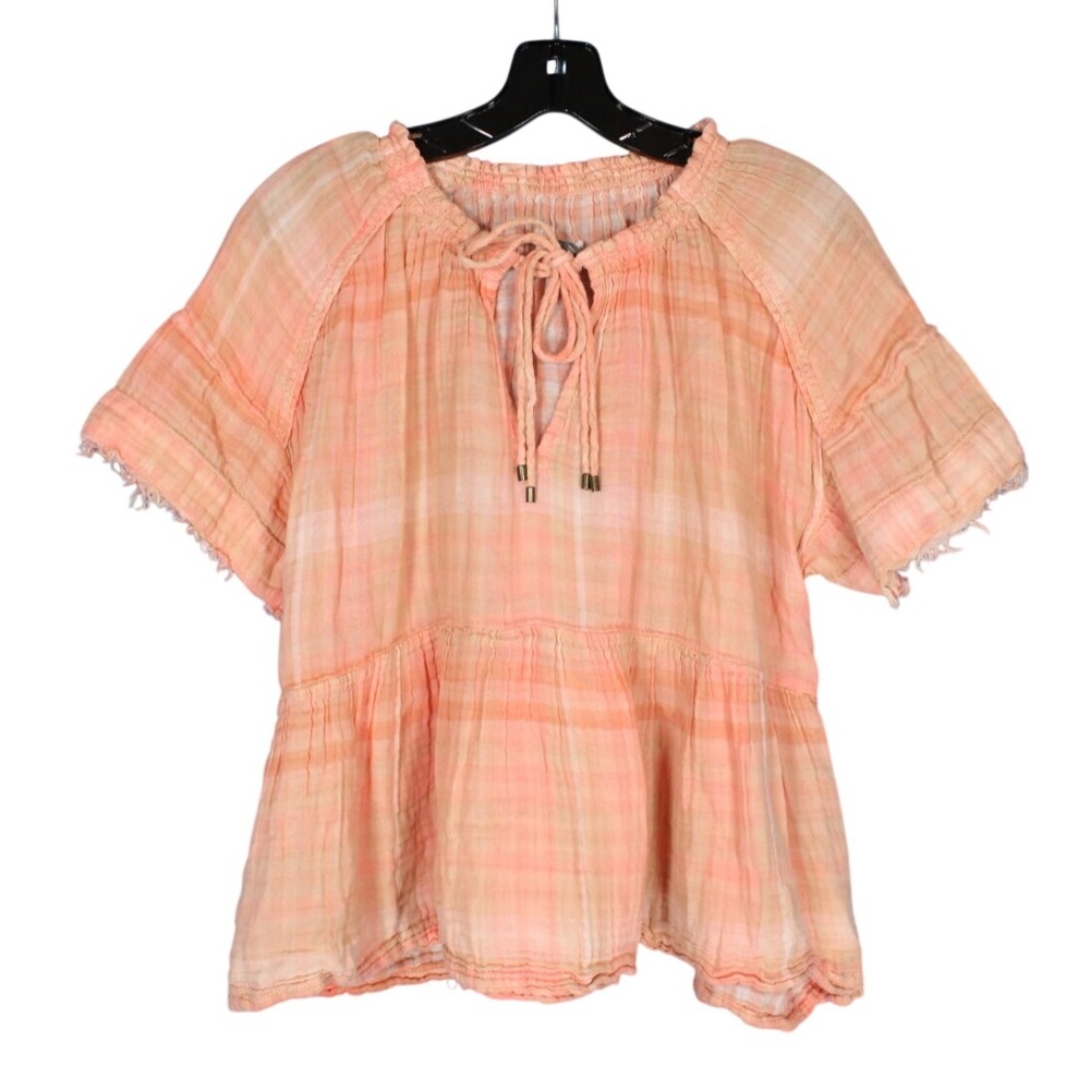 PILCRO Anthropologie GAUZE Peach PLAID Frayed Trim BETTE BABYDOLL BLOUSE/TOP S